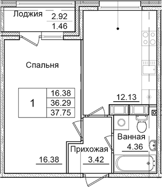 1-комнатная квартира 37.75 м², 8/9 эт., ЖК «Квартал Заречье»